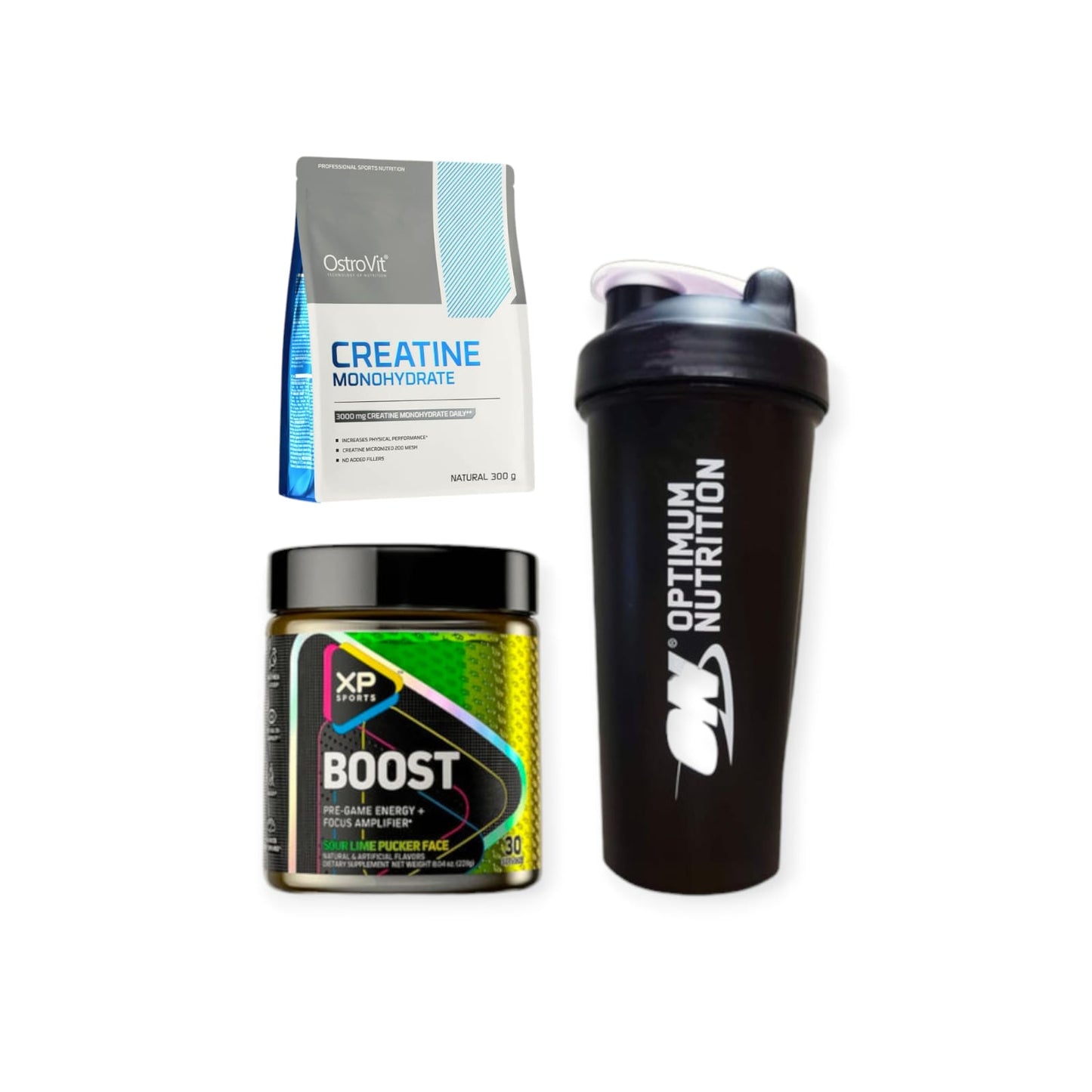 PACK CREATINA 300GR OSTROVIT + PRE ENTRENO BOOST + SHAKER - XP SPORTS