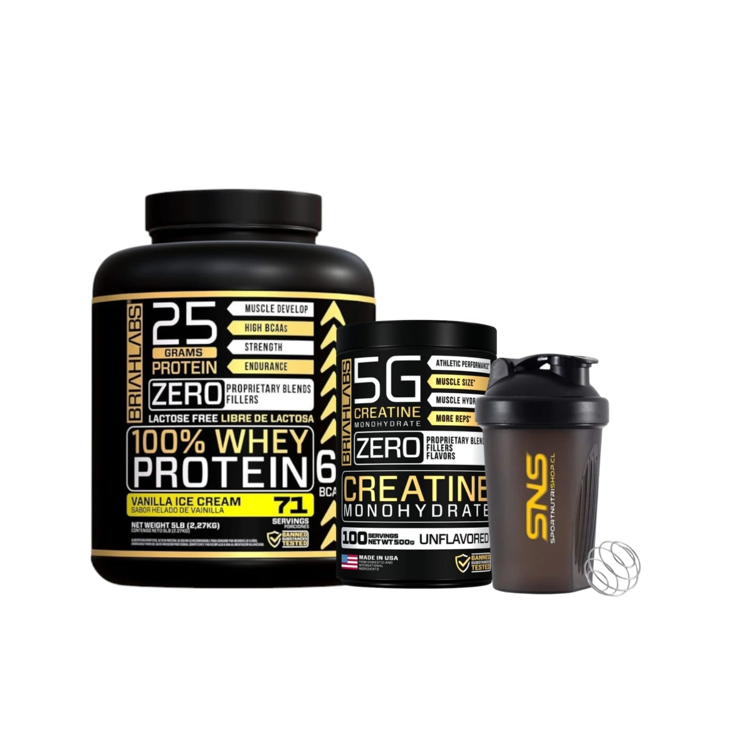 PACK PROTEINA 100% WHEY PROTEIN 5LBS + CREATINA 500GR+ SHAKER - BRIAHLABS